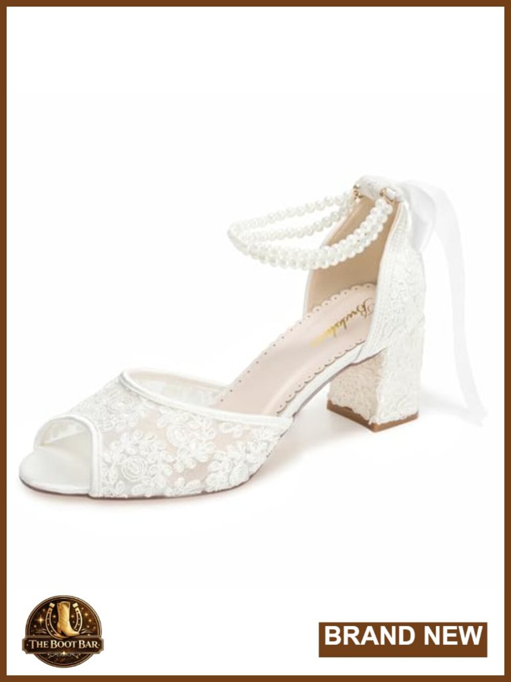 Women's Peep Toe Wedding Shoes 2.56" Block Heel Lace Pearl Ankle Strap Bridal